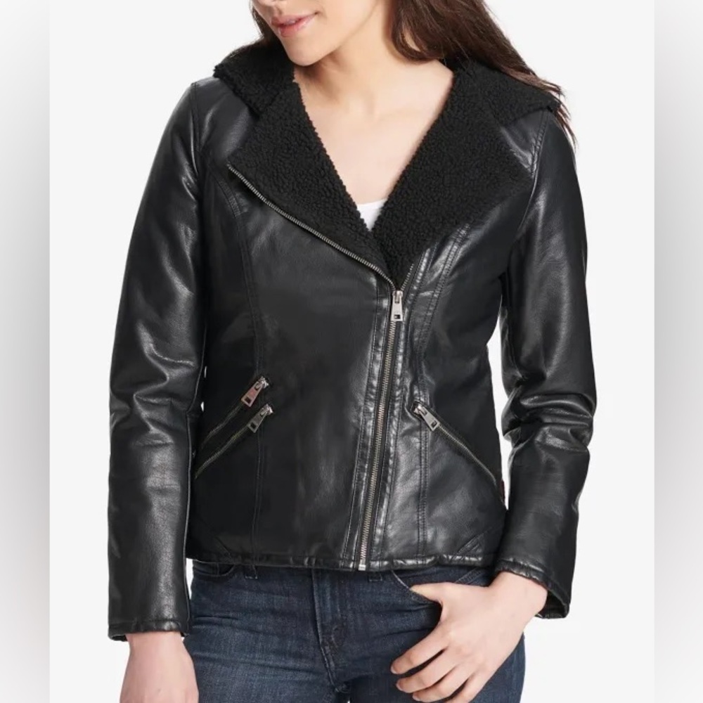 New With Tags Levi’s Black Faux Leather Sherpa Lined Hooded Jacket Coat